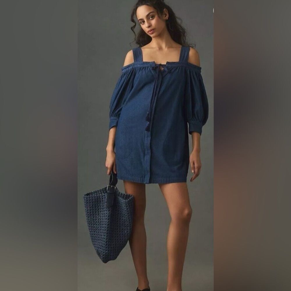 NWT Anthro Tracy Reese Denim Mini Dress Off Shoulder Milkmaid Boho Peasant Small